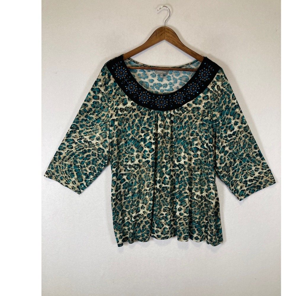 Glam Essentials Women 2X Teal Gold Leopard Beaded Scoop Neck 3/4 Sleeve Blouse